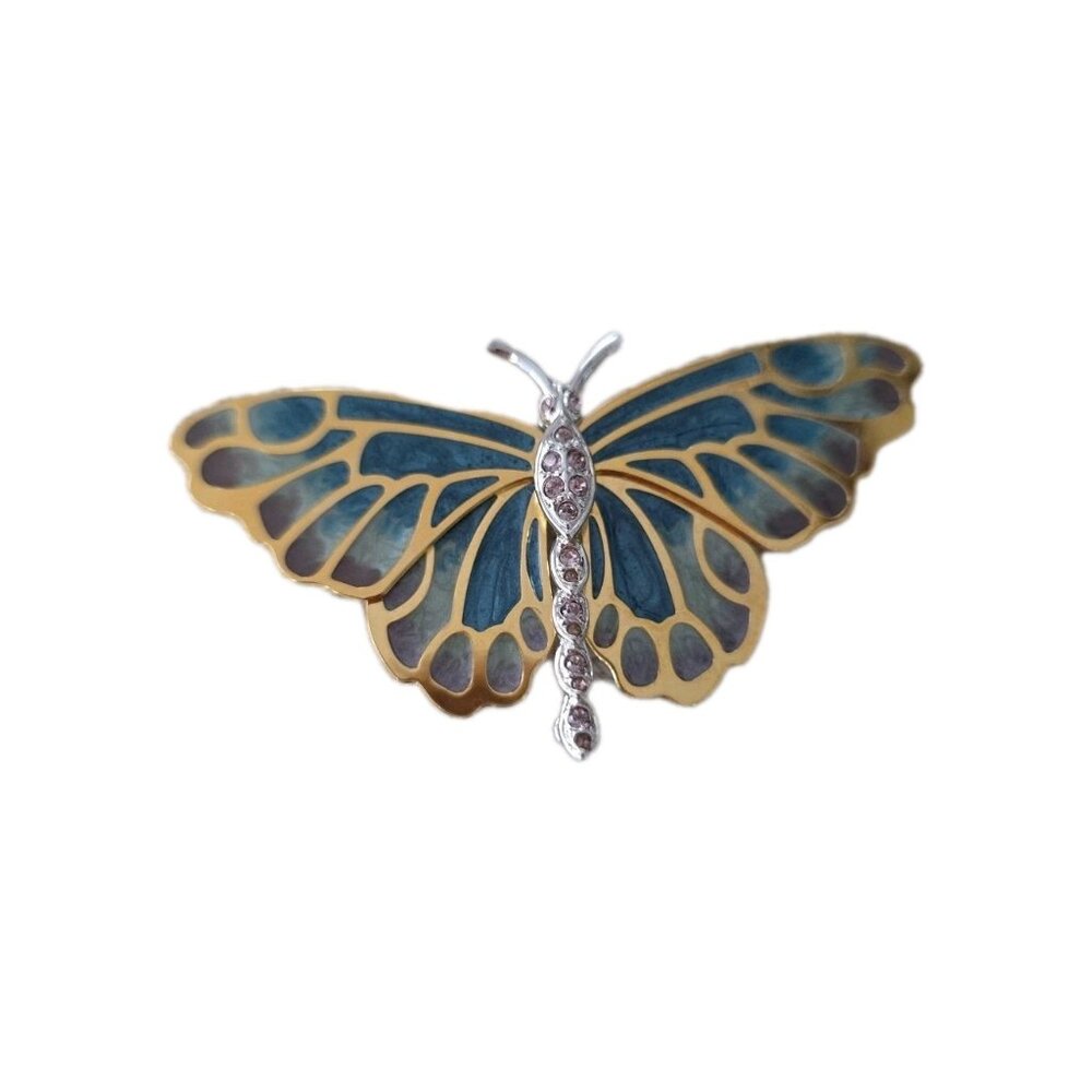 KJL Kenneth Jay Lane Blue and Green Pliqué A Jour Butterfly Brooch Signed